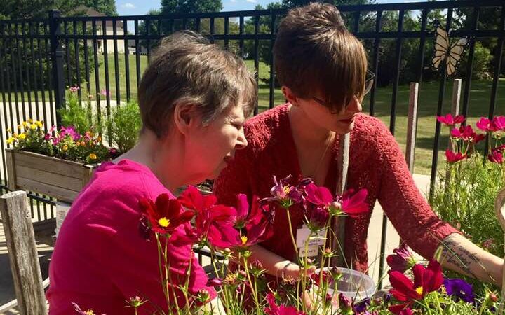 2 mature adult women picking flowers